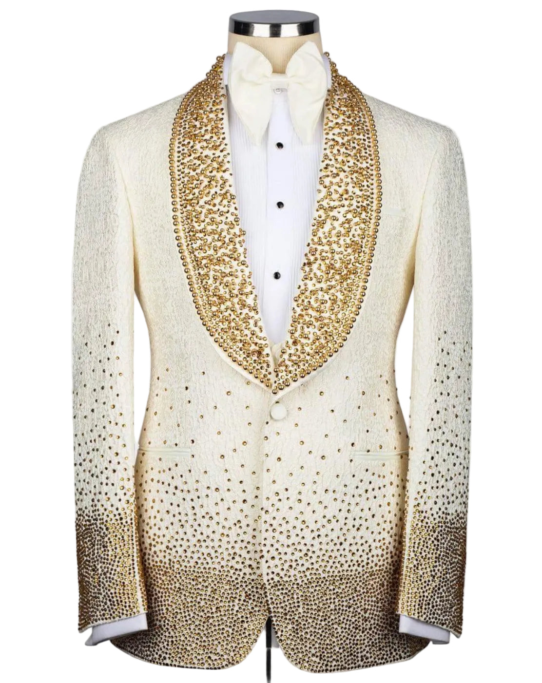 Gold beaded suit jacket on a mannequin with a white shirt and bow tie against a white background