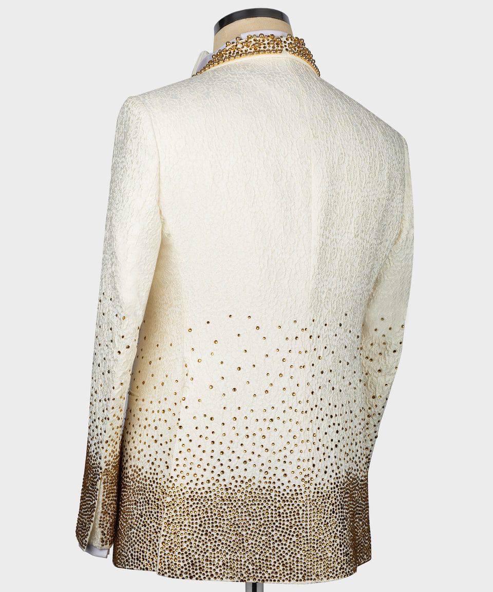 An off-white textured blazer with a gold gradient pattern transitioning from the shoulders to the cuffs and hem, displayed on a mannequin from the back against a light gray background.