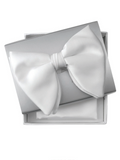 A white pre-tied bow tie displayed on top of an open white gift box, with a matching white pocket square folded underneath. The text 'BTPB-28 White' appears below the box on a plain white background.