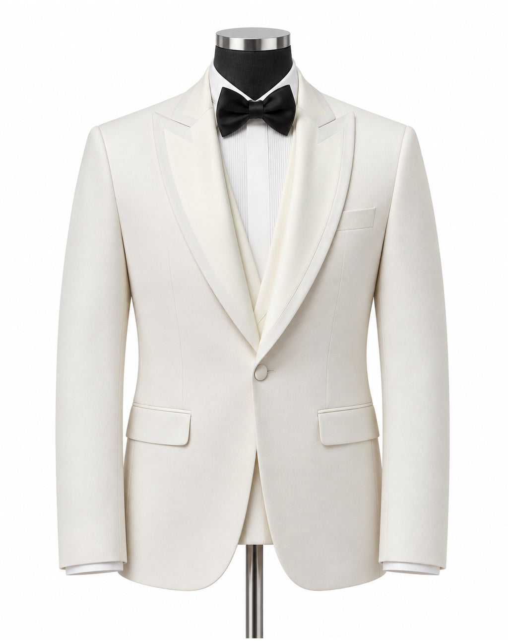 An ivory white tuxedo jacket displayed on a mannequin torso, styled with a white dress shirt, black bow tie, and black neck collar against a plain white background.