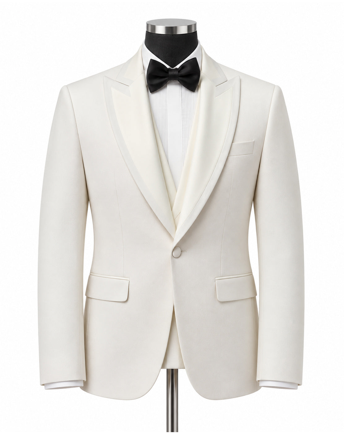 An ivory white tuxedo jacket displayed on a mannequin torso, styled with a white dress shirt, black bow tie, and black neck collar against a plain white background.