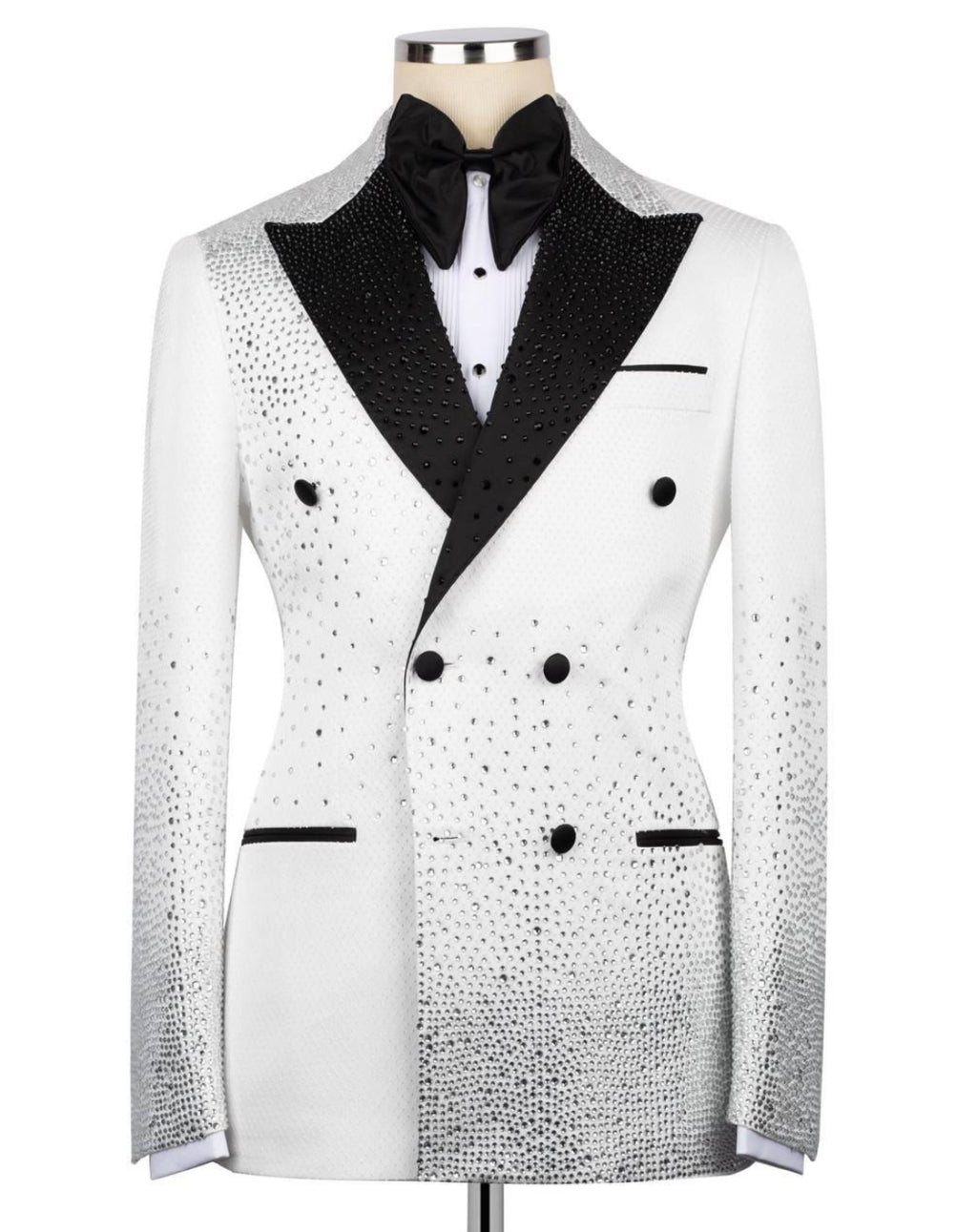 White tuxedo with black lapels on a mannequin against a white background