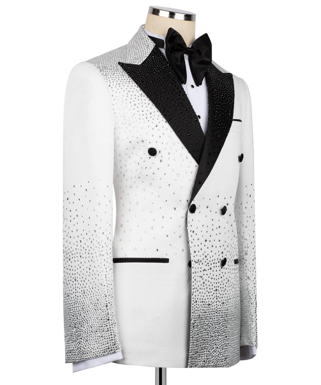 White tuxedo with black lapels on a mannequin against a white background