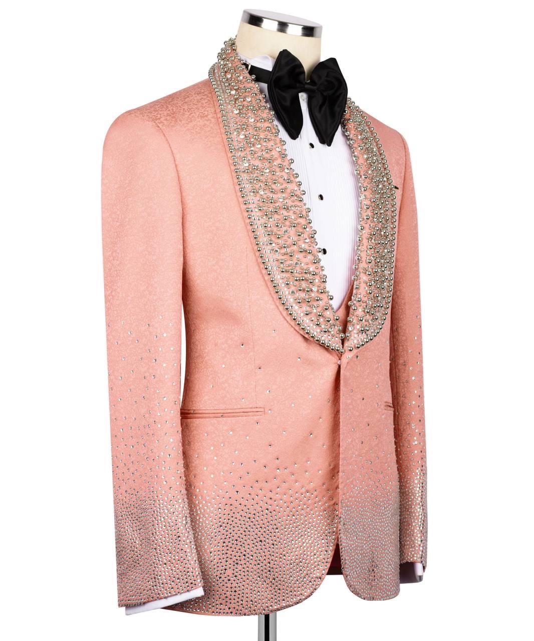 Pink blazer with decorative lapels on a mannequin against a white background