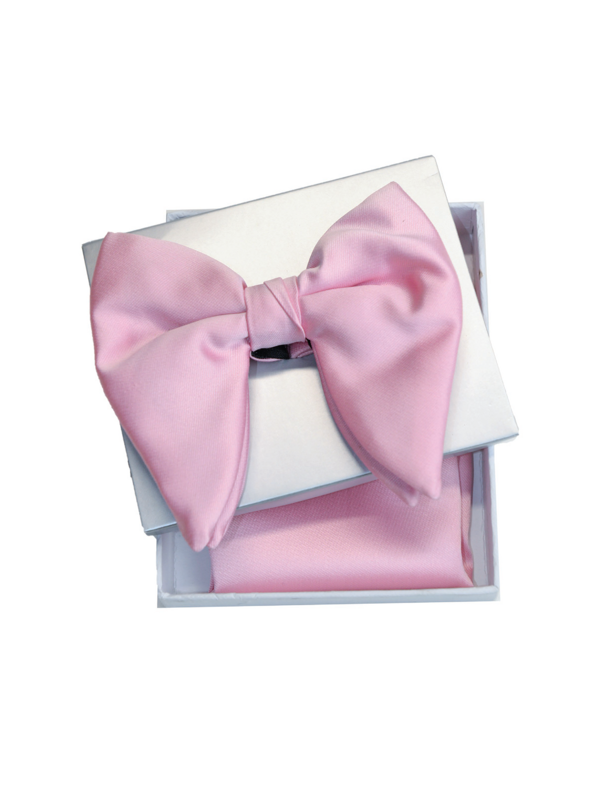 A light pink satin bow tie presented in an open white gift box with a matching pink pocket square inside.