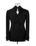A black double-breasted tuxedo jacket displayed on a mannequin torso with a black bow tie, white dress shirt, and black pocket square against a plain white background.