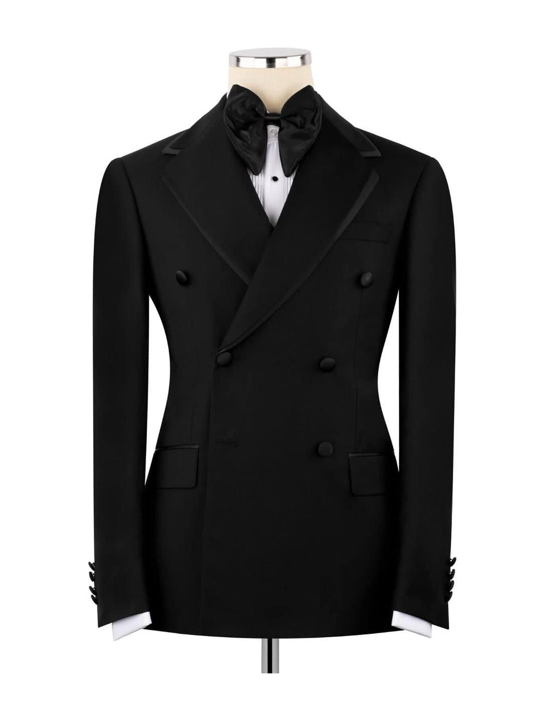 A black double-breasted tuxedo jacket displayed on a mannequin torso with a black bow tie, white dress shirt, and black pocket square against a plain white background.