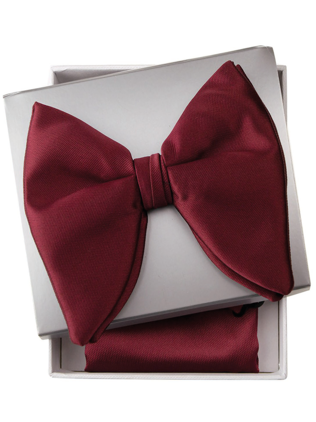 A wine red pre-tied bow tie displayed on top of its white presentation box, with a matching pocket square visible inside. The text 'BTPB-10 Wine' is printed below.
