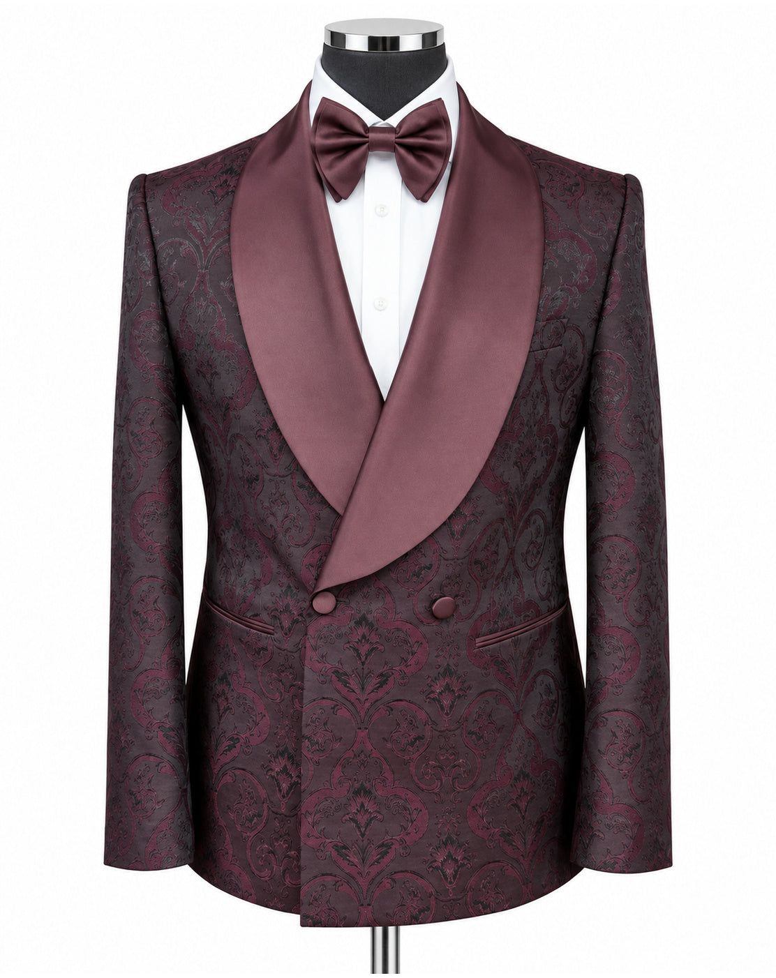 A men's double-breasted tuxedo jacket with a dark burgundy and purple damask pattern, paired with a matching satin shawl collar, white dress shirt, and matching burgundy bow tie, displayed on a mannequin torso against a white background.