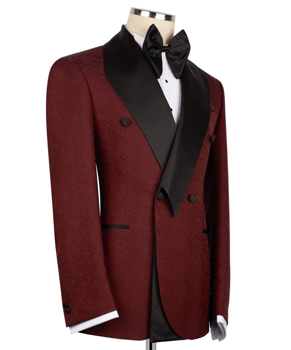 Red tuxedo jacket with black lapels on a mannequin against a white background