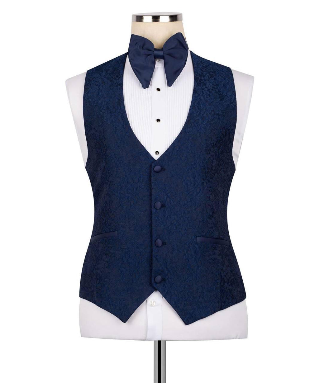 Navy blue vest with matching bow tie on a mannequin against a white background