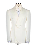 An ivory double-breasted tuxedo jacket with peak lapels, displayed on a mannequin torso with a matching bow tie and white shirt.
