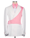 A white tuxedo jacket with a diagonal pink wrap detail, styled on a mannequin with a pink bow tie and white pleated shirt against a white background.