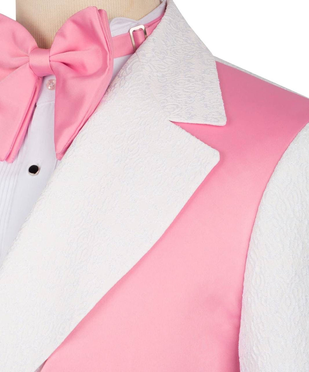 Close-up of a costume with pink and white details on a mannequin.