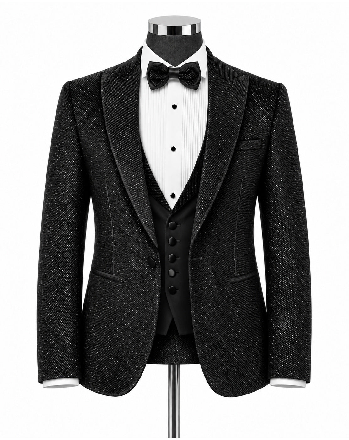 A men's black textured tuxedo jacket displayed on a mannequin with a white pinstripe shirt, black vest, black bow tie, and black trousers against a plain white background.