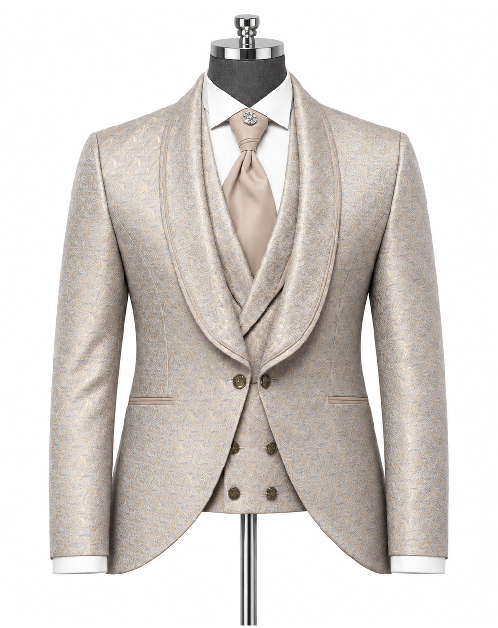A men's formal suit displayed on a mannequin, featuring a light beige textured jacquard jacket with shawl lapels, a matching double-breasted waistcoat, a white dress shirt, and a beige tie.