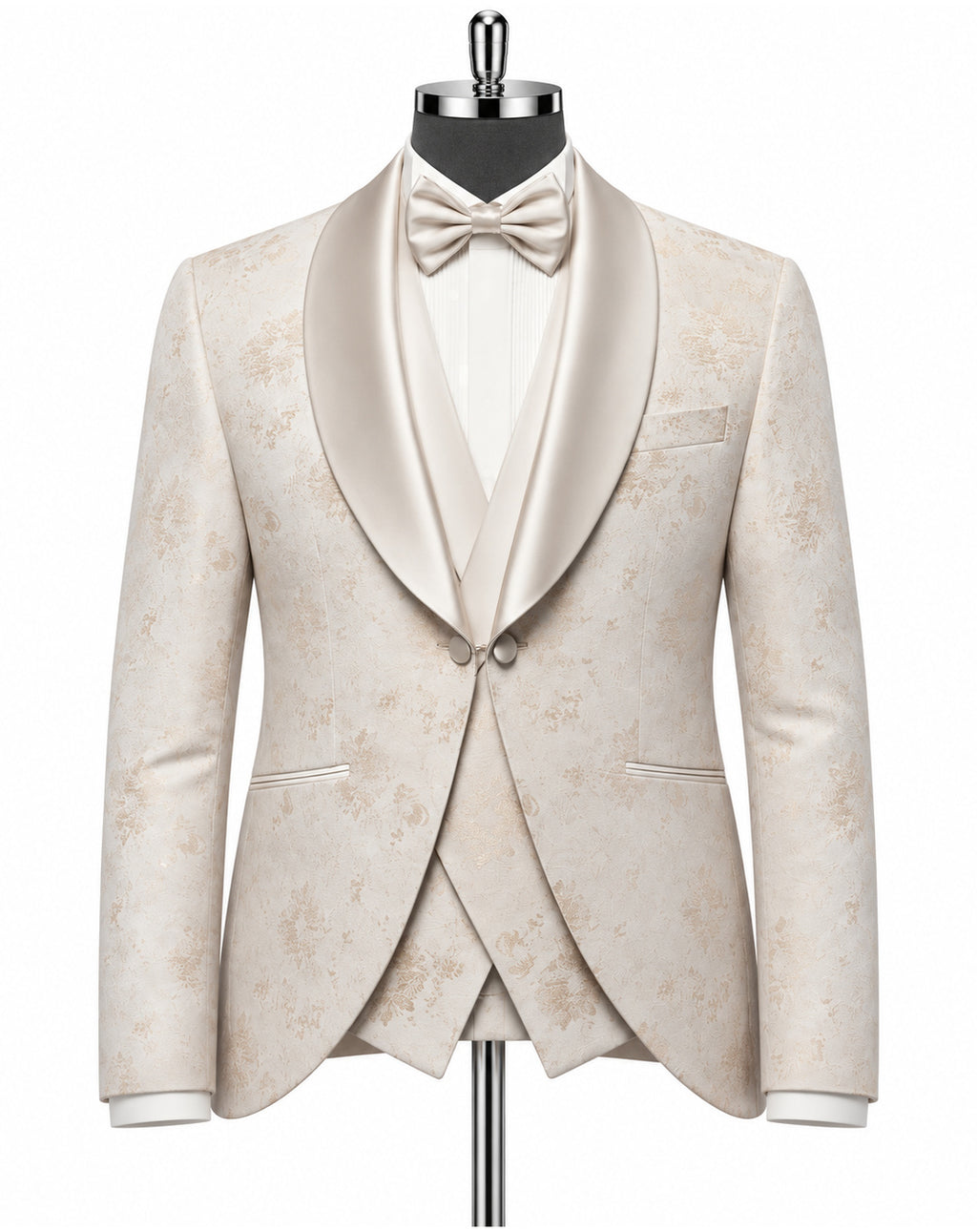 A men's formal tuxedo jacket with a matching satin shawl collar, white dress shirt, and matching bow tie, displayed on a mannequin torso against a plain white background.