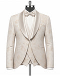 A men's formal tuxedo jacket with a matching satin shawl collar, white dress shirt, and matching bow tie, displayed on a mannequin torso against a plain white background.