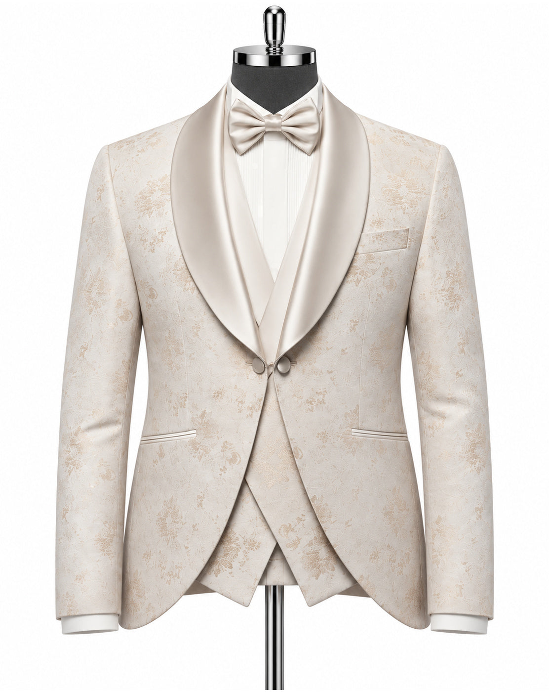 A men's formal tuxedo jacket with a matching satin shawl collar, white dress shirt, and matching bow tie, displayed on a mannequin torso against a plain white background.