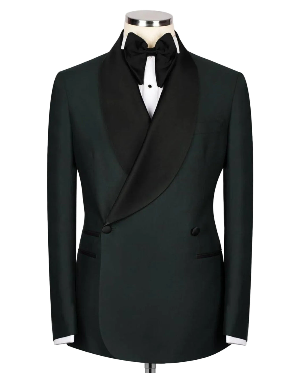 A black double-breasted tuxedo jacket with satin peak lapels, displayed on a mannequin with a black bow tie and white dress shirt against a light gray background.