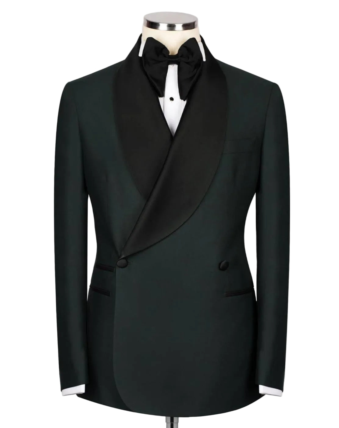 A black double-breasted tuxedo jacket with satin peak lapels, displayed on a mannequin with a black bow tie and white dress shirt against a light gray background.