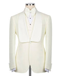 White tuxedo jacket with matching vest and bow tie on a mannequin against a white background