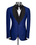 Blue tuxedo jacket with black lapels on a mannequin against a white background