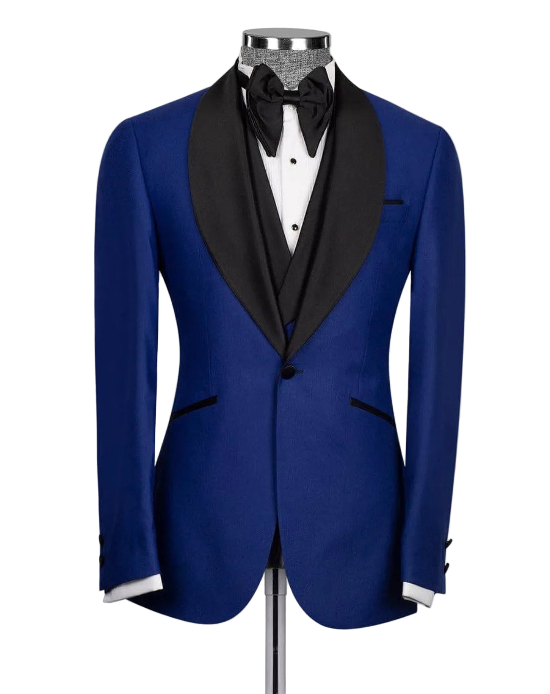Blue tuxedo jacket with black lapels on a mannequin against a white background