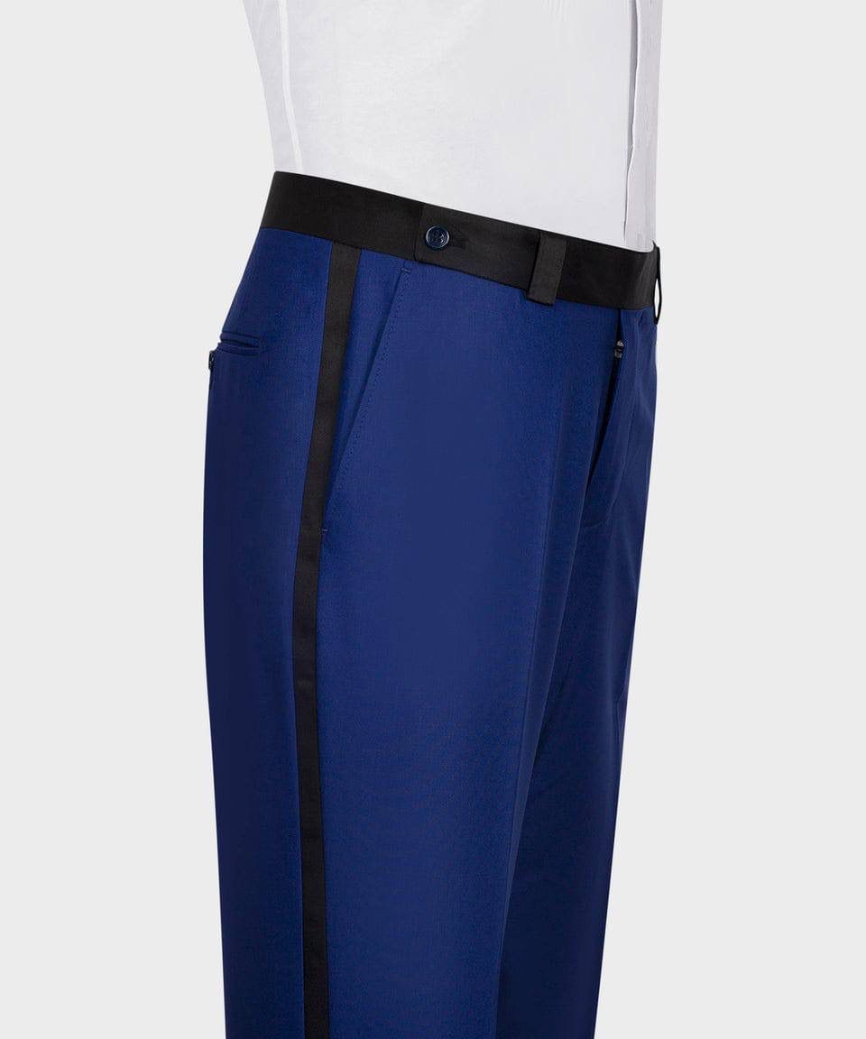 Blue pants with a black belt on a white background