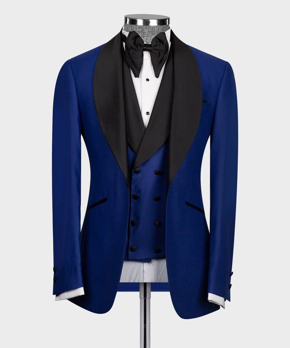 Blue tuxedo with black lapels on a mannequin against a white background