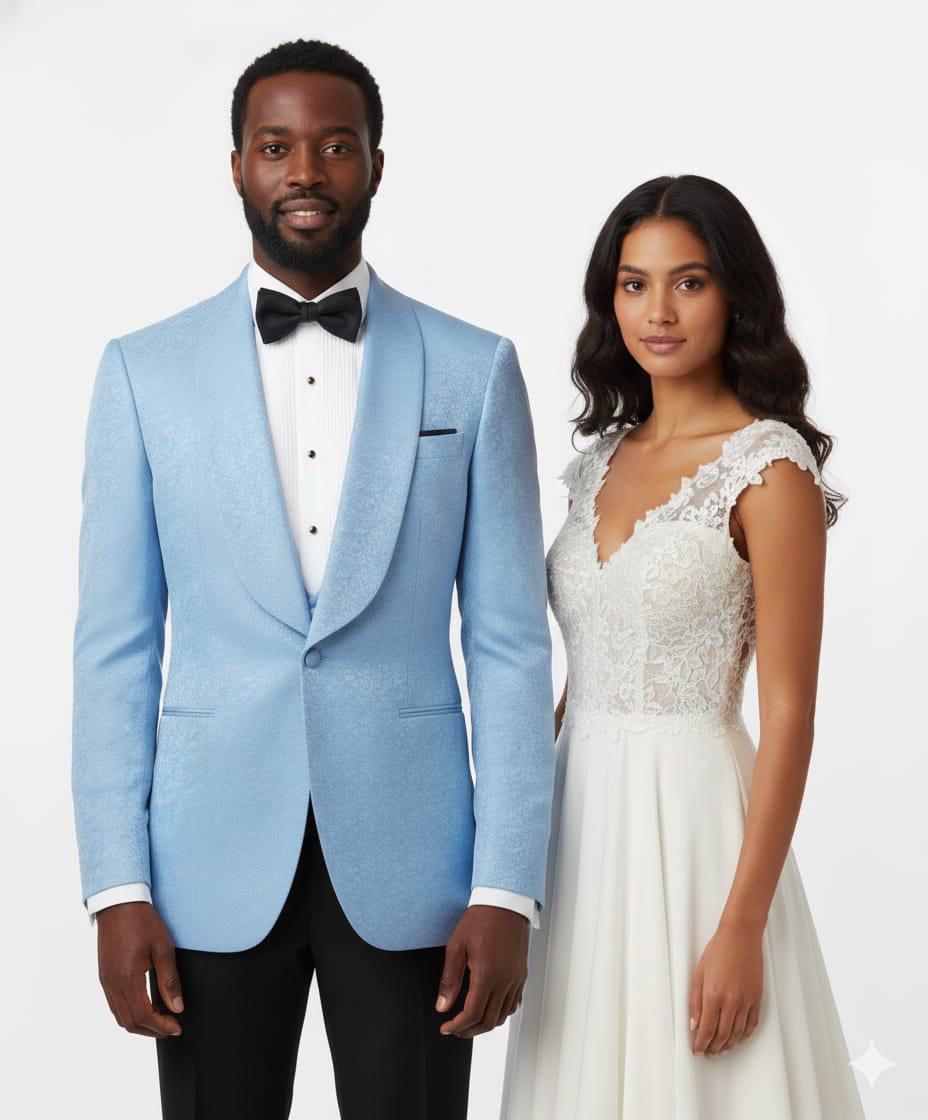 A man in a light blue tuxedo jacket with a white shirt and black bow tie stands next to a woman in a white lace wedding gown against a plain light gray studio background.