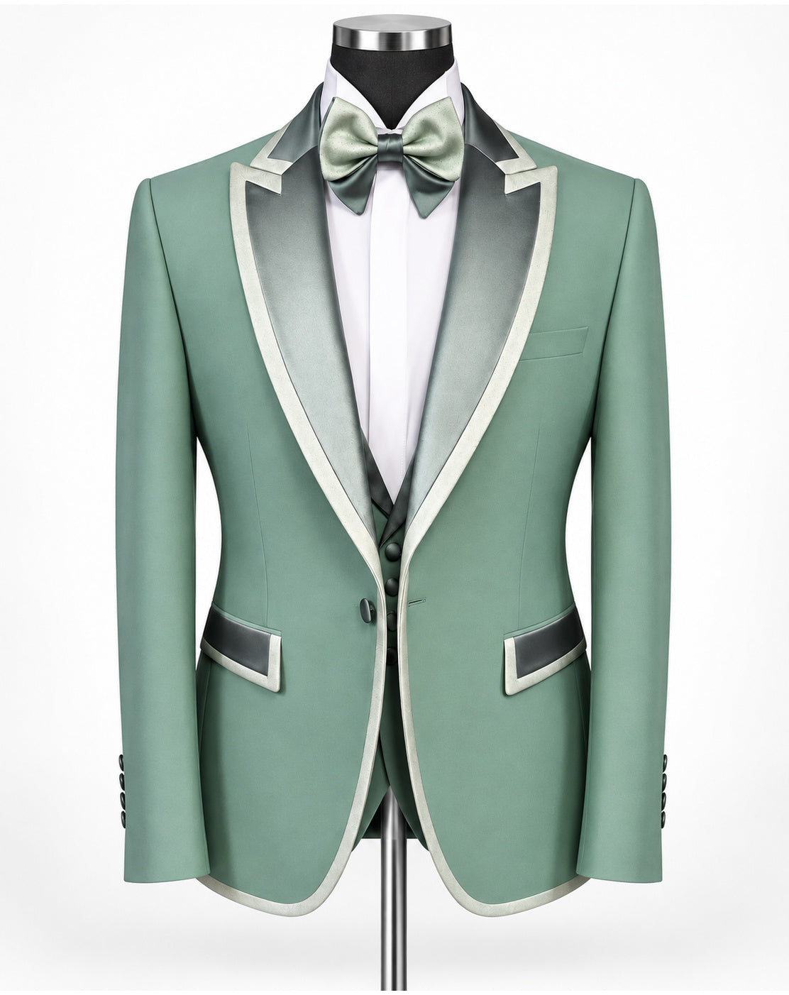 A sage green men's tuxedo jacket with satin peak lapels in a matching sage green and white, styled on a mannequin with a white dress shirt, a matching sage green bow tie, and a matching green vest.