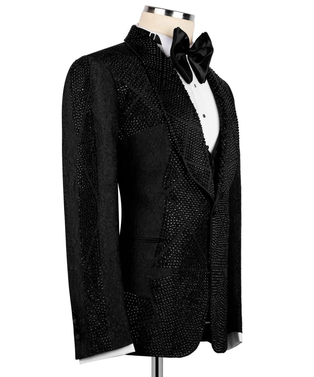 Black tuxedo with diamond pattern on a mannequin against a white background