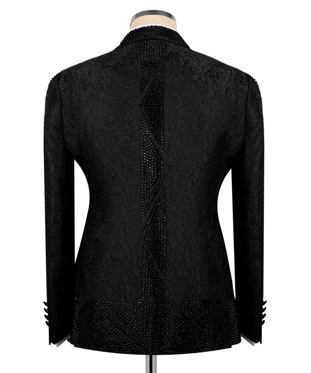Black textured jacket on a mannequin with a white background