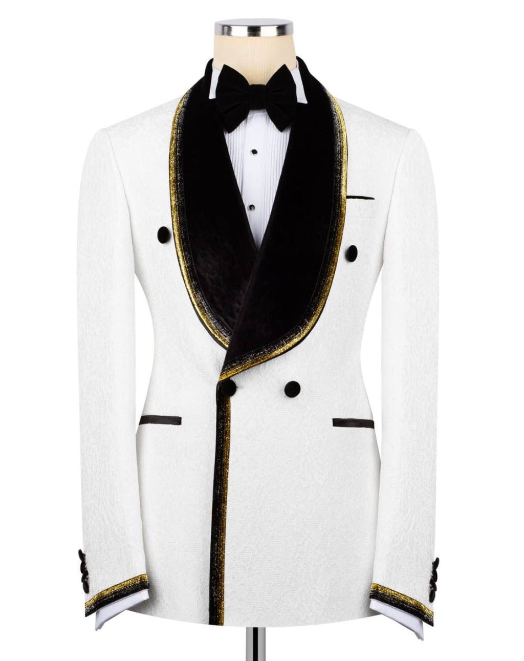 White tuxedo jacket with black lapels on a mannequin against a white background