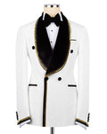 White tuxedo jacket with black lapels on a mannequin against a white background