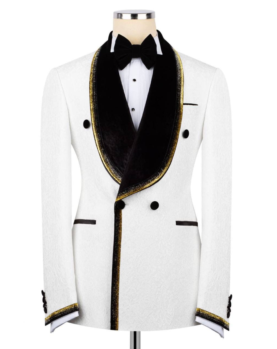White tuxedo jacket with black lapels on a mannequin against a white background