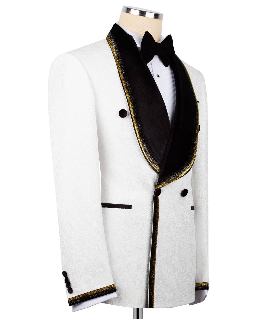 White tuxedo jacket with black lapels and trim on a mannequin against a white background