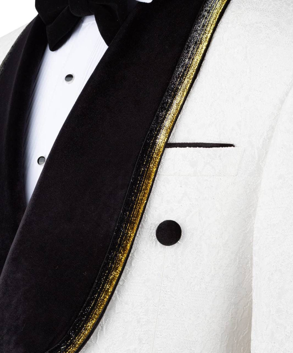 Close-up of a tuxedo with a black bow tie and lapels.