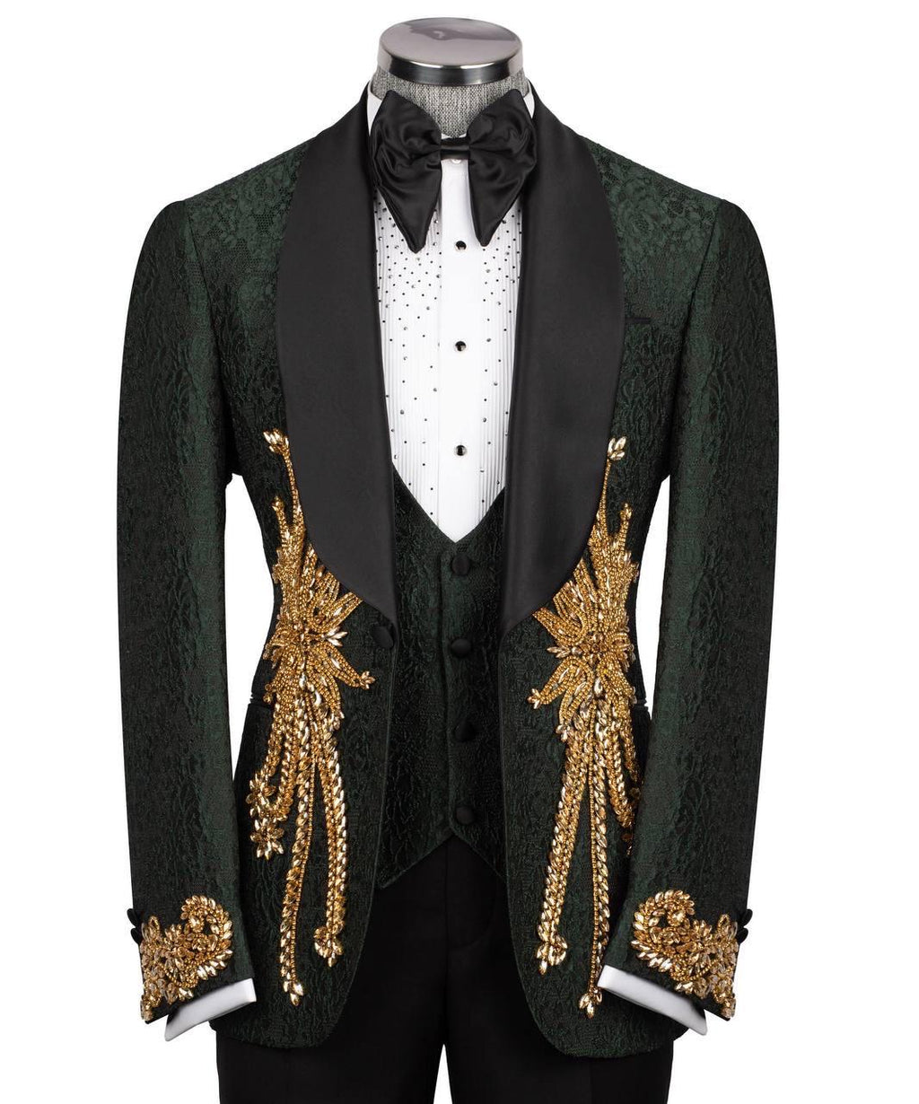 Black tuxedo with gold embroidery on a mannequin against a white background