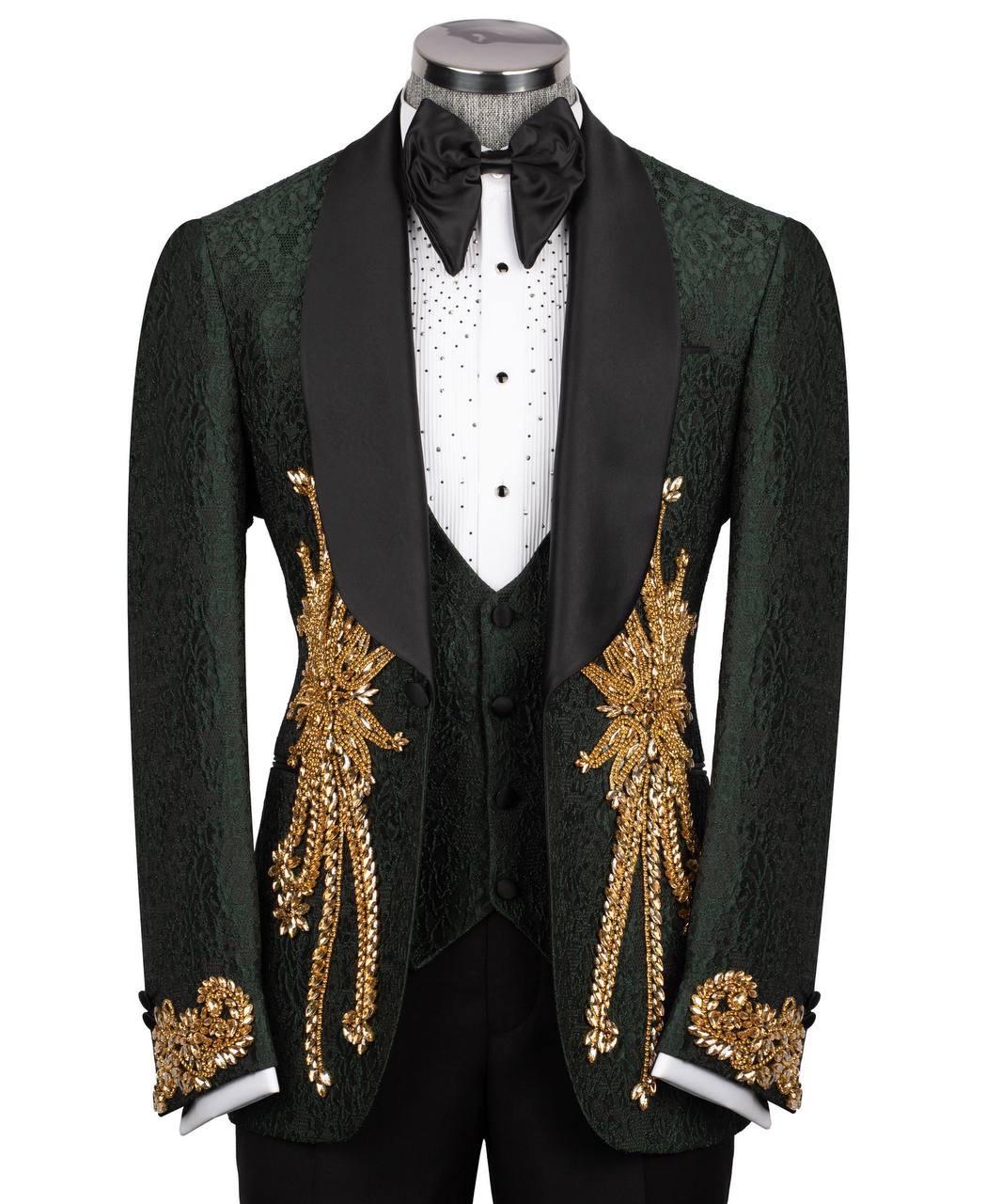 Black tuxedo with gold embroidery on a mannequin against a white background
