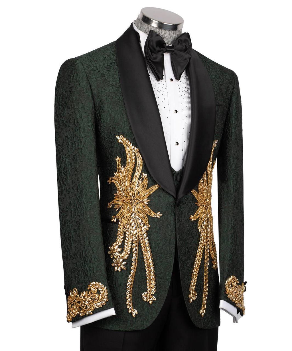 Green tuxedo with gold embroidery on a mannequin against a white background