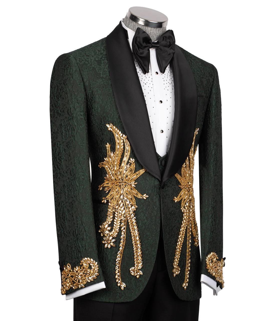 Green tuxedo with gold embroidery on a mannequin against a white background