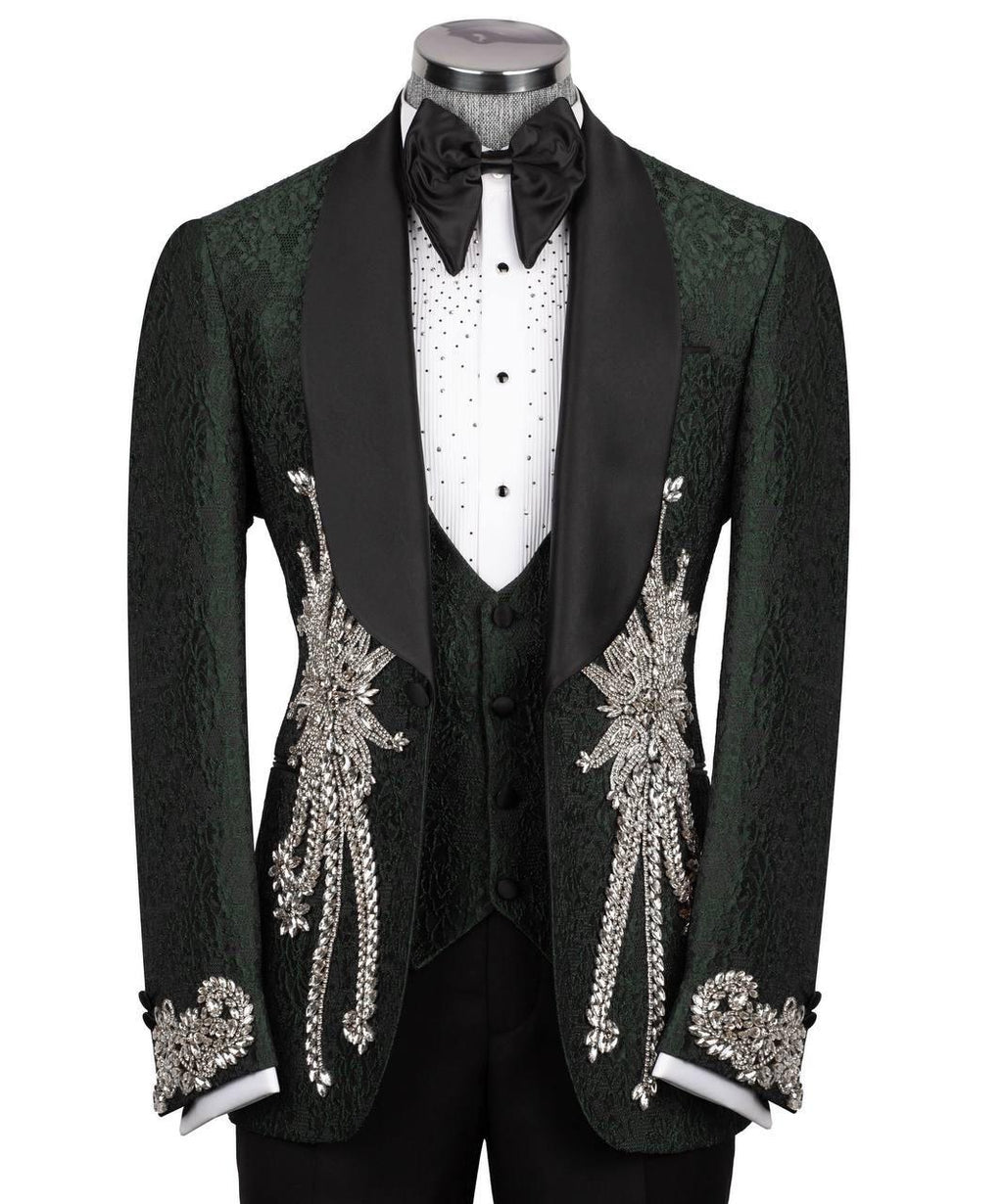 Black tuxedo with intricate silver embroidery on a white background