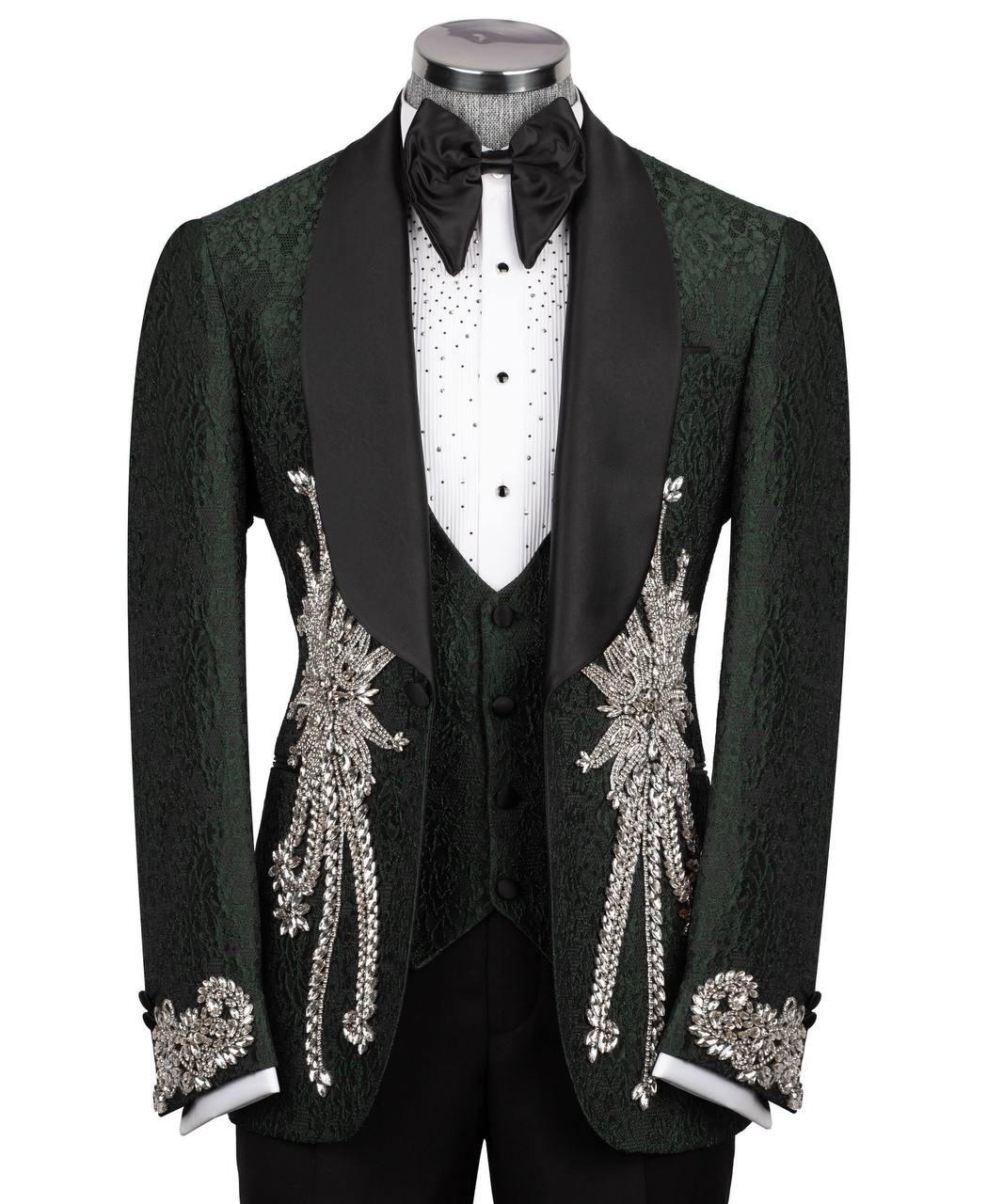 Black tuxedo with intricate silver embroidery on a white background