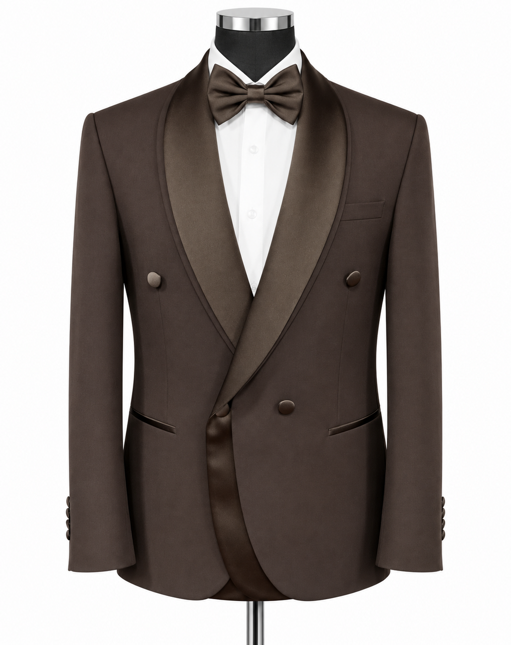 A men's double-breasted tuxedo jacket in dark brown with satin shawl lapels, displayed on a black mannequin torso with a white dress shirt and matching brown bow tie against a plain white background.