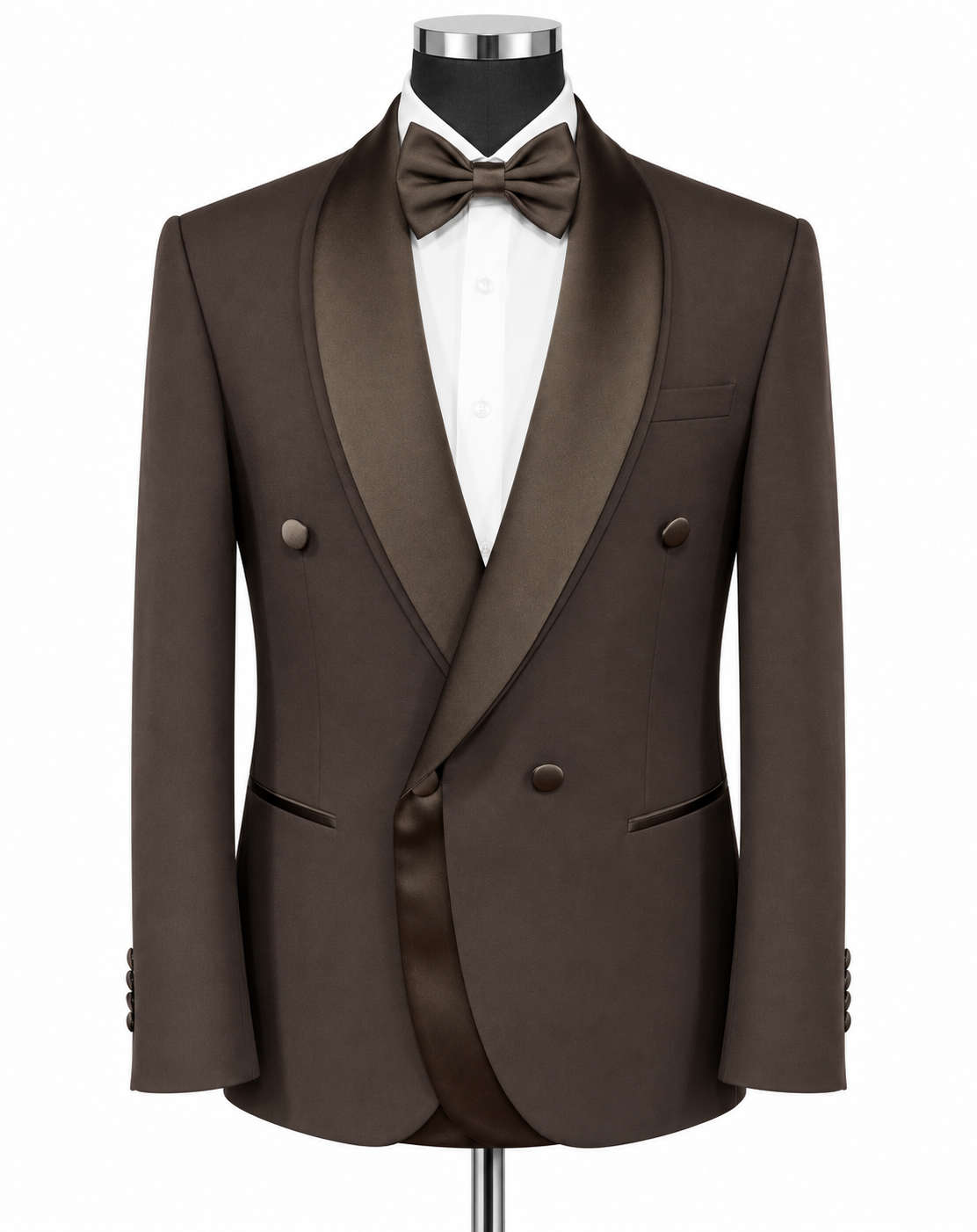 A men's double-breasted tuxedo jacket in dark brown with satin shawl lapels, displayed on a black mannequin torso with a white dress shirt and matching brown bow tie against a plain white background.