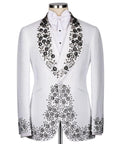 White tuxedo with black floral embroidery on a white background