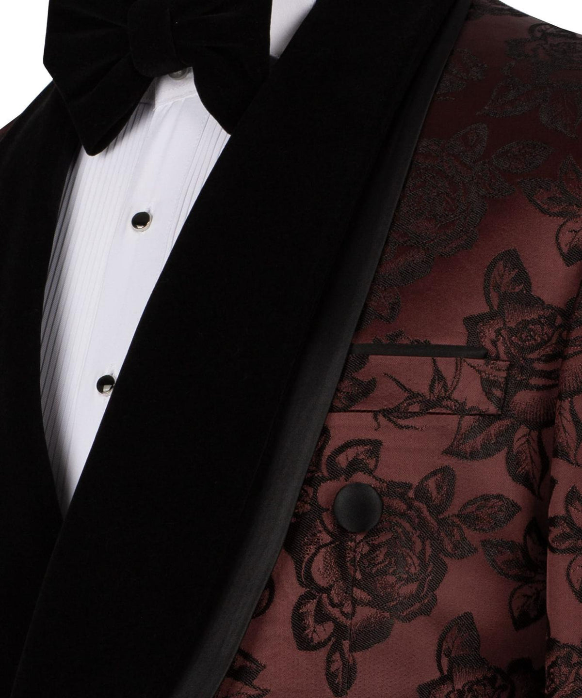 Close-up of a black tuxedo with floral patterned lining