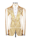A white and gold embellished blazer jacket with a geometric rhinestone pattern, displayed on a mannequin torso with a white shirt underneath.